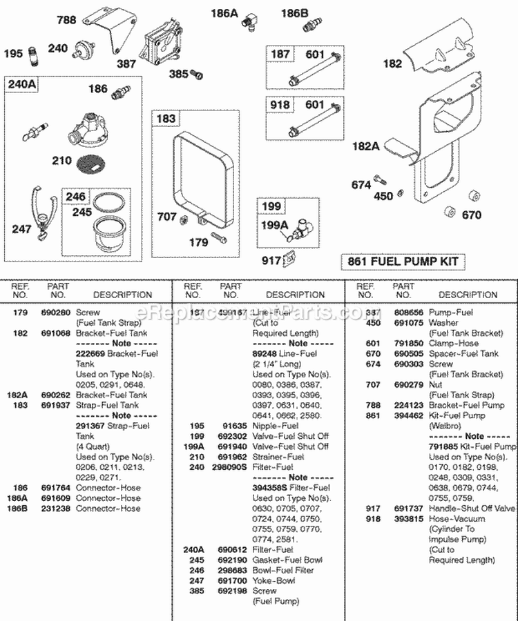 Fuel Pump Fuel Filter Diagram and Parts List for 326431-0129-99  Briggs and Stratton Engine